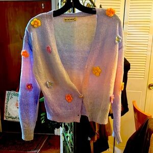 Cardigan Jean Louis Francoise , polyester, acrylic fabric with sewn flowers.